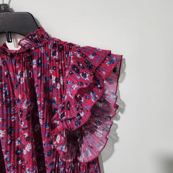 Anthropologie Frieda Sheer Pleated Short Sleeve Pink with Floral Blouse- Small - Picture 8 of 8